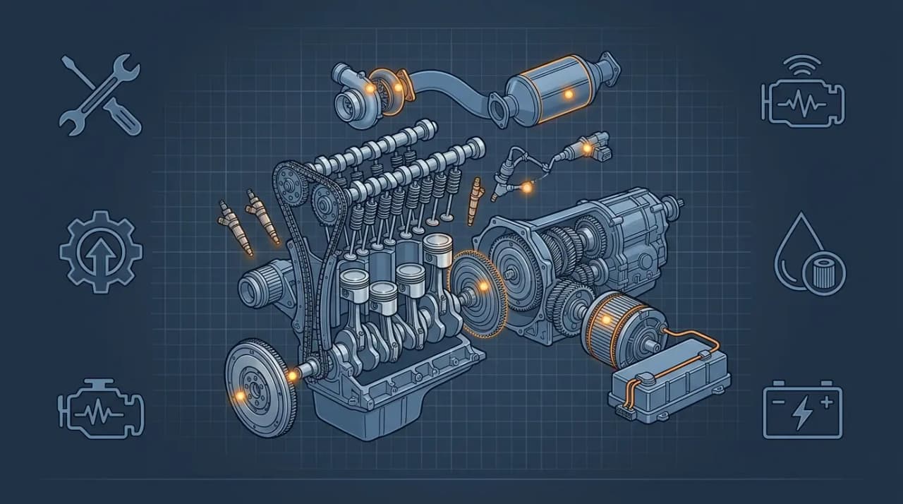 Garage automobile avec devis de réparation, moteur, batterie haute tension et pièces coûteuses à contrôler