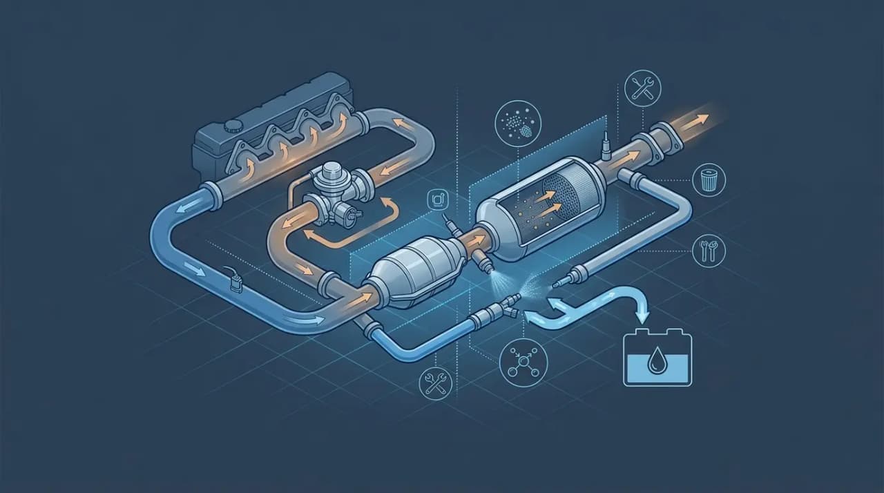 Système antipollution diesel moderne avec AdBlue, FAP, EGR et voyant moteur