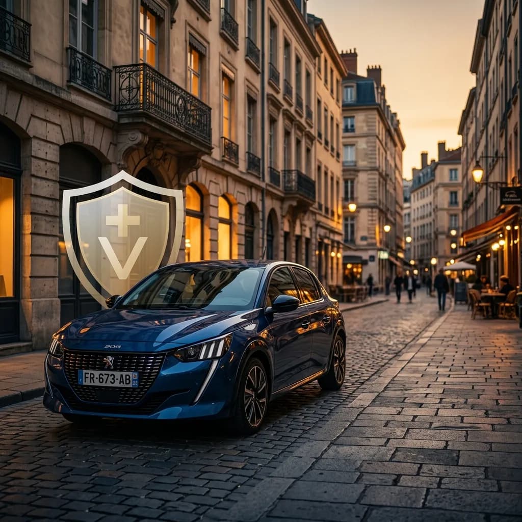 Voiture compacte garée en ville avec un bouclier de protection symbolisant l'assurance automobile
