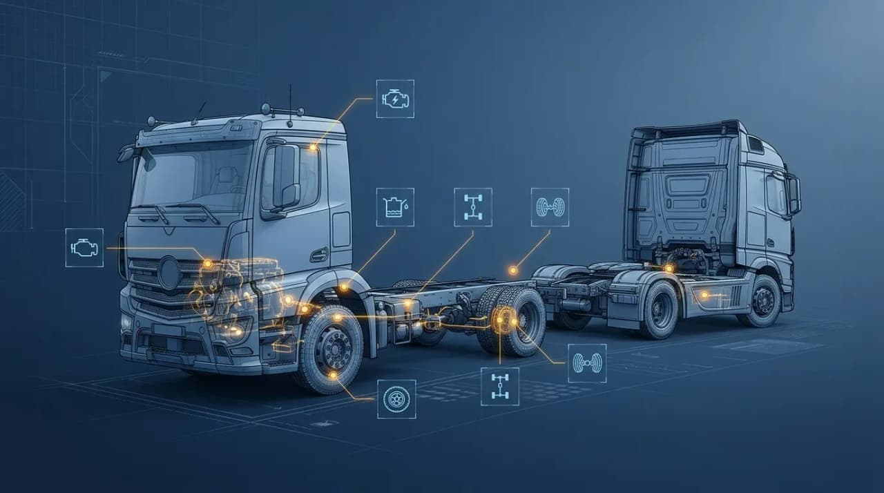 Camion Iveco en atelier avec contrôle mécanique, carnet d’entretien et points de fiabilité