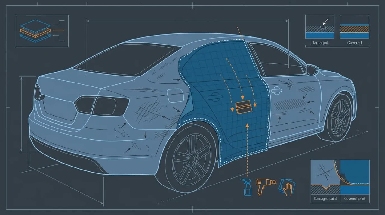 Voiture en préparation pour un covering sur une peinture abîmée