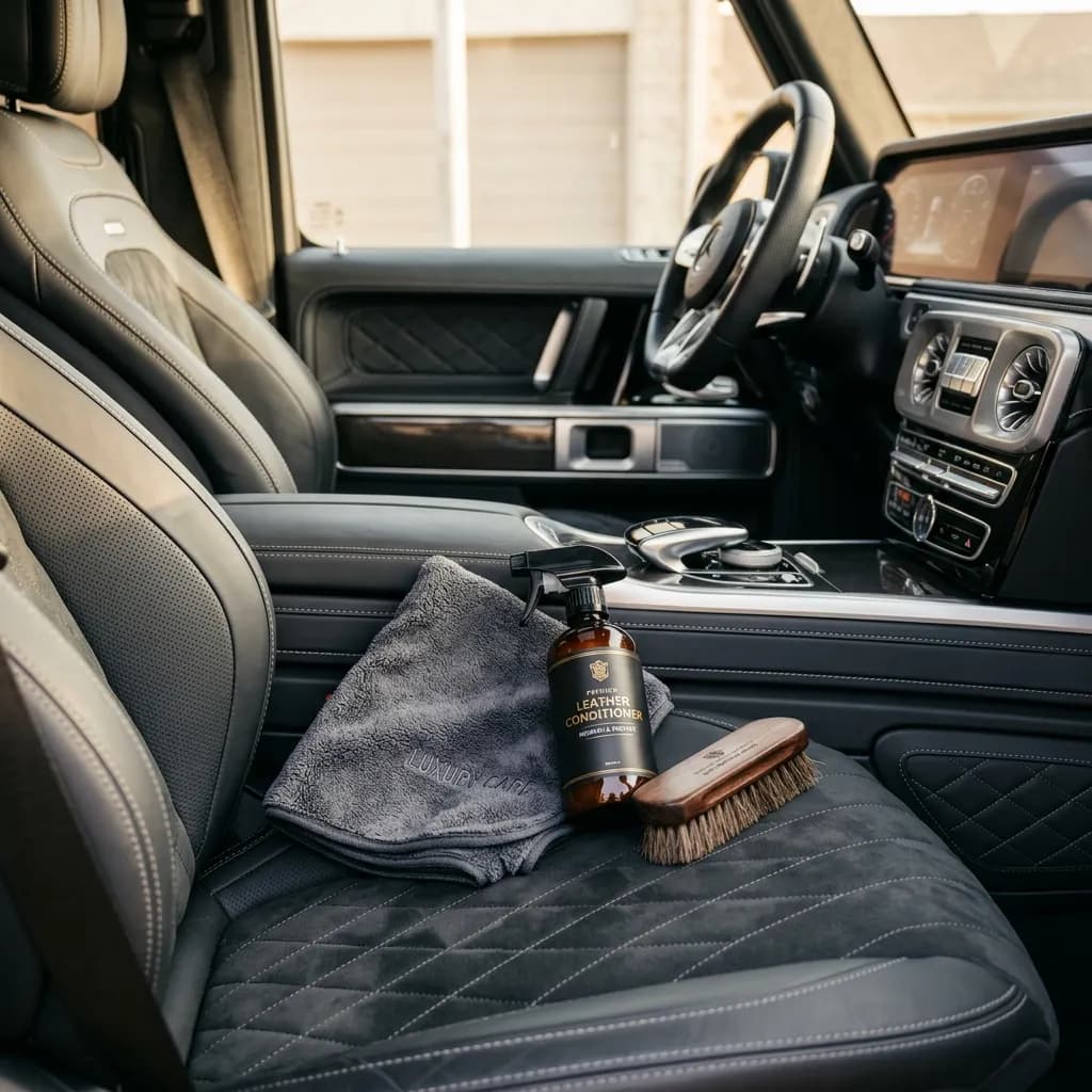 Comparatif entretien intérieur automobile avec sièges en cuir, tissu et Alcantara, brosses, microfibres et aspirateur