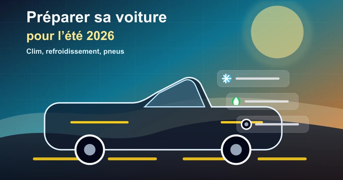 Voiture préparée pour l’été avec contrôle climatisation, refroidissement, pneus et niveaux avant départ