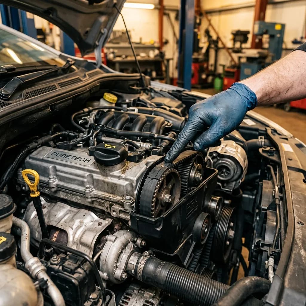 Moteur PureTech 1.2 de Peugeot 2008 avec courroie humide, huile et voyants de diagnostic