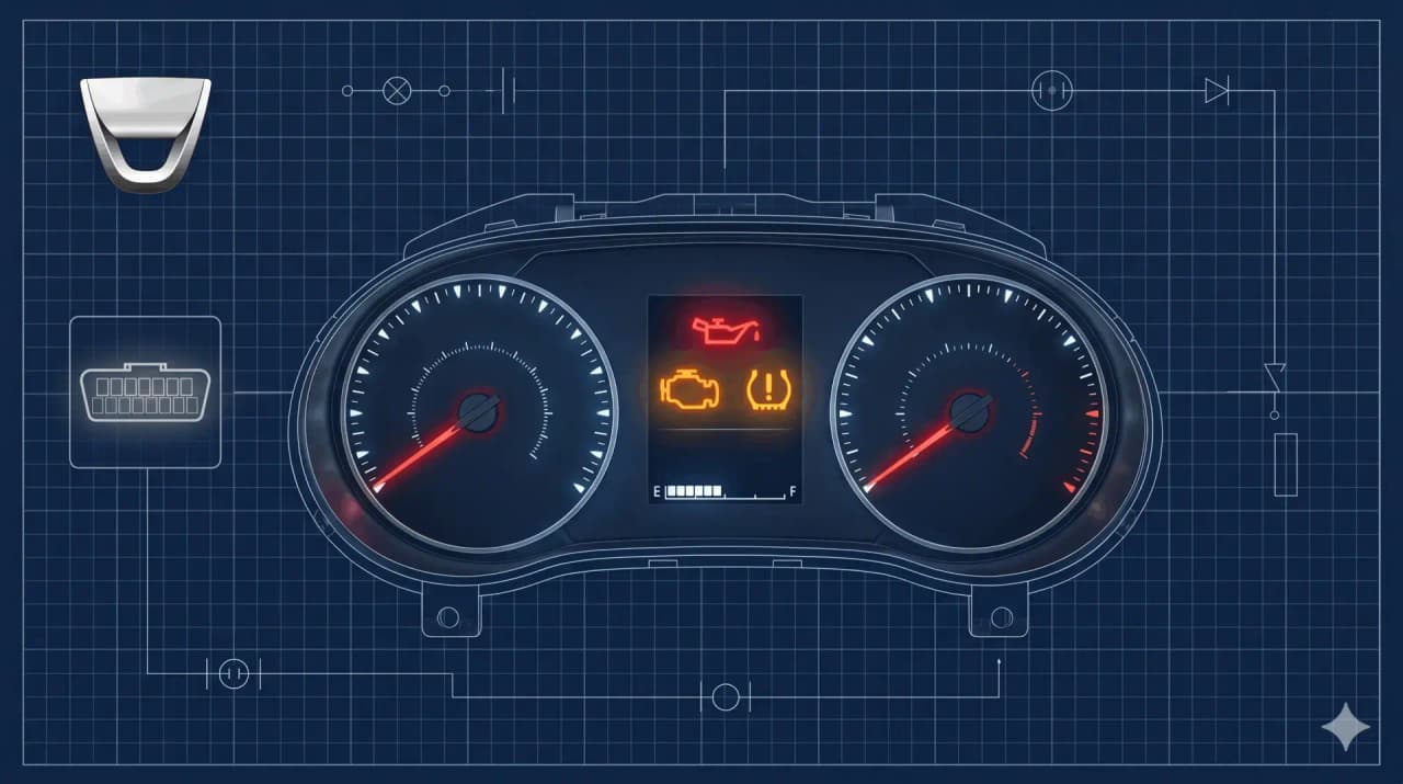 Voyants du tableau de bord Dacia Sandero illuminés en rouge et orange, illustration blueprint technique sur fond bleu foncé